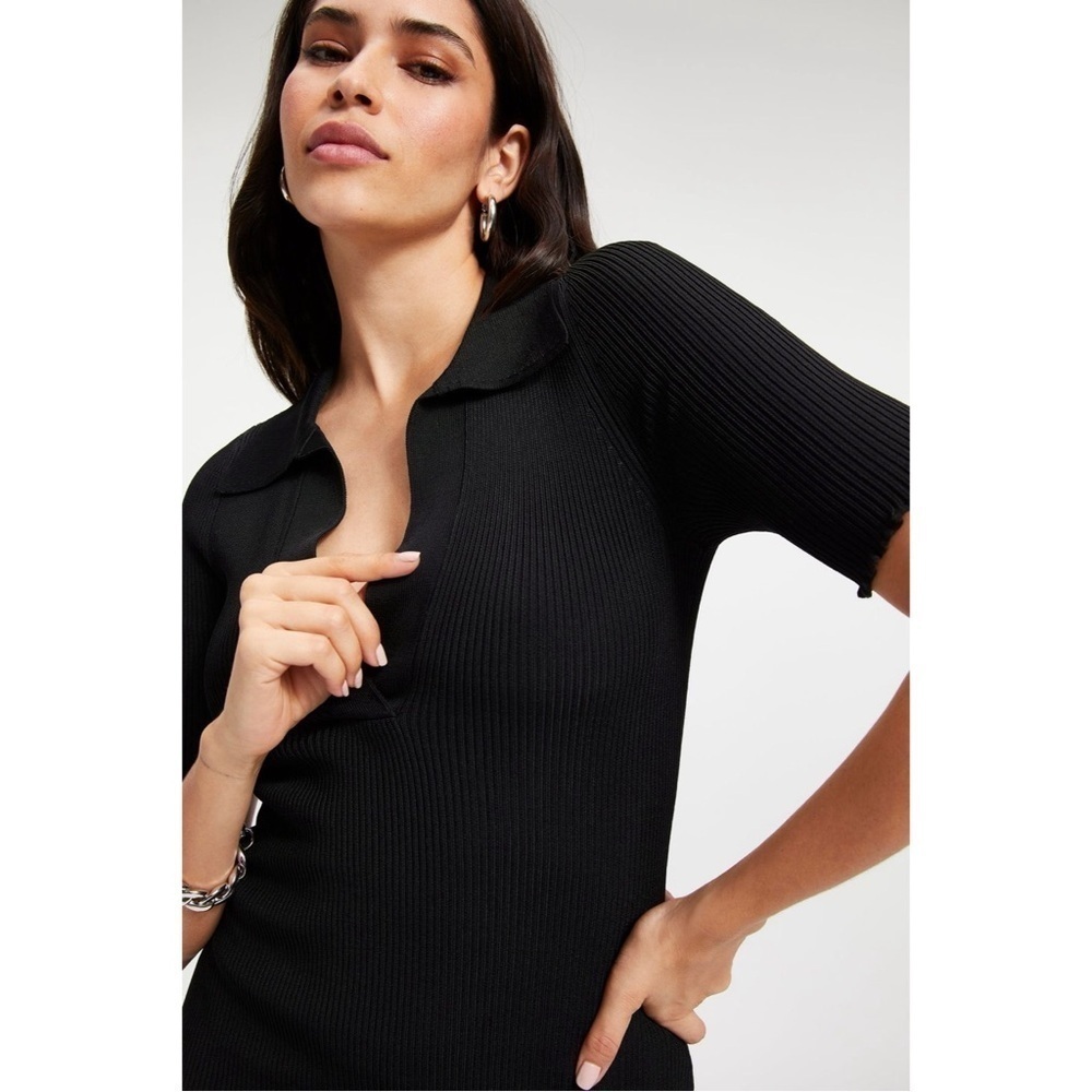Good American Black Ribbed Short Sleeve Polo Stretch Knit Sweater Midi Dress - Picture 2 of 6